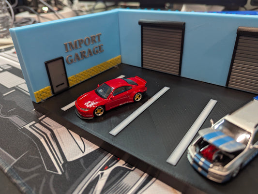 Miniature "Import Garage" Diorama – 1:64 Scale Car Display (9"x5.5"x3.25")