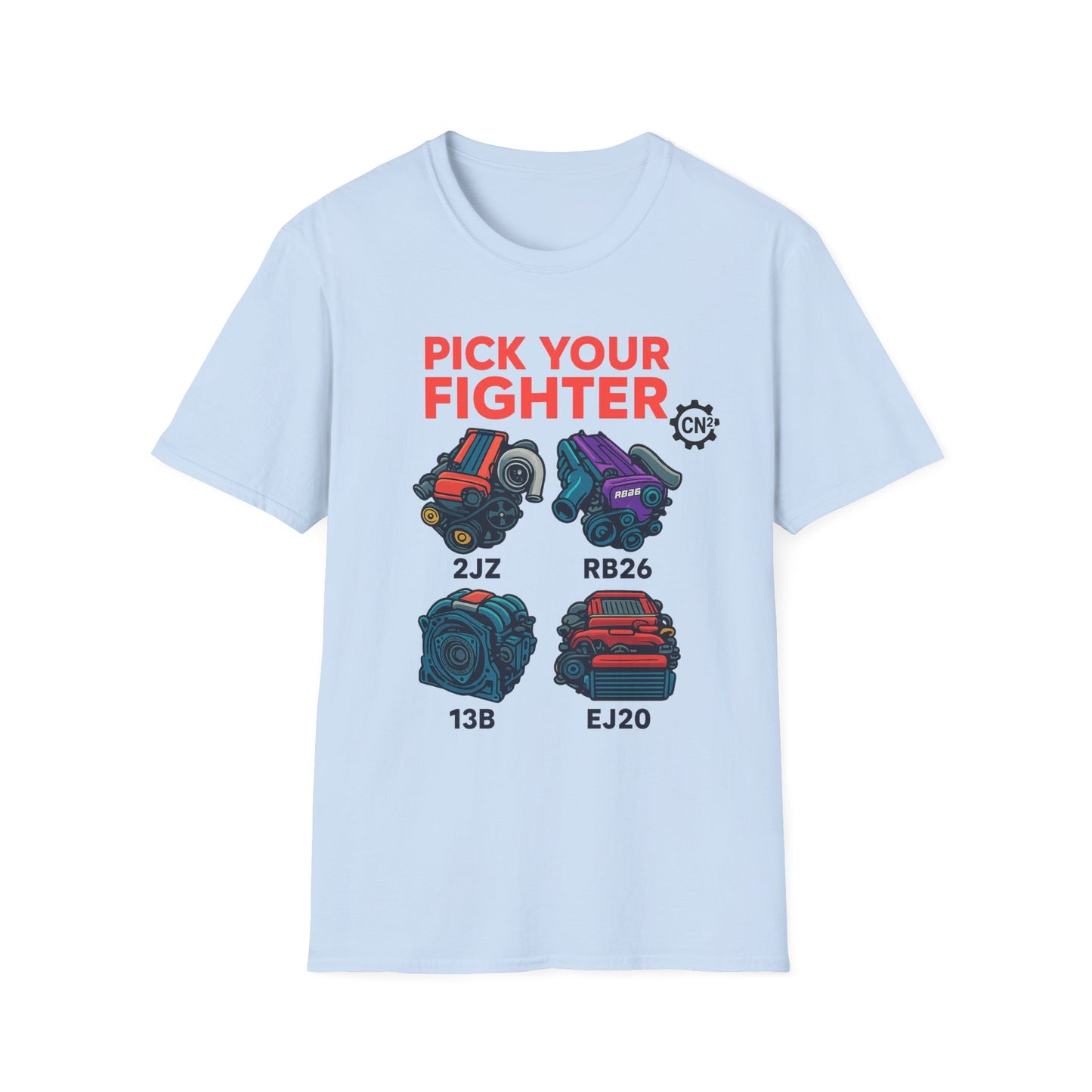 Pick Your Fighter T-Shirt — Engine Swap Car Parts Graphic Tee (2JZ RB26 13B EJ20)