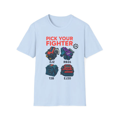 Pick Your Fighter T-Shirt — Engine Swap Car Parts Graphic Tee (2JZ RB26 13B EJ20)