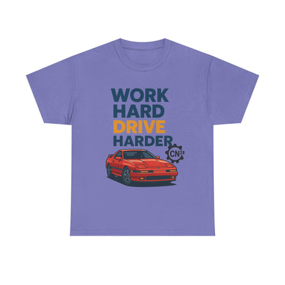 Work Hard Drive Harder T-Shirt | Retro Red Sports Car Graphic