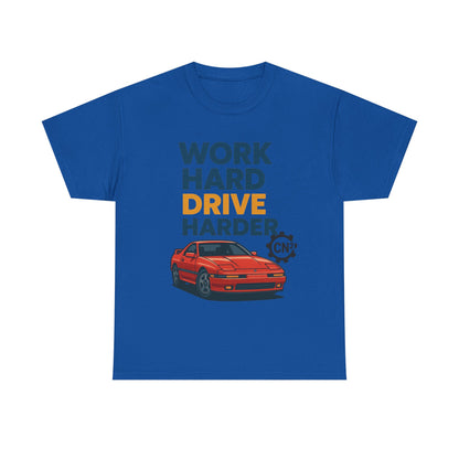 Work Hard Drive Harder T-Shirt | Retro Red Sports Car Graphic