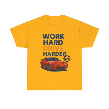 Work Hard Drive Harder T-Shirt | Retro Red Sports Car Graphic