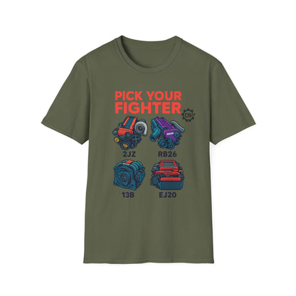 Pick Your Fighter T-Shirt — Engine Swap Car Parts Graphic Tee (2JZ RB26 13B EJ20)