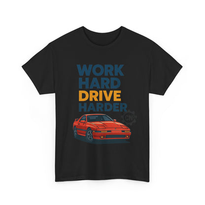 Work Hard Drive Harder T-Shirt | Retro Red Sports Car Graphic