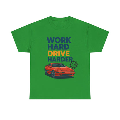 Work Hard Drive Harder T-Shirt | Retro Red Sports Car Graphic