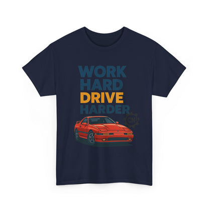 Work Hard Drive Harder T-Shirt | Retro Red Sports Car Graphic