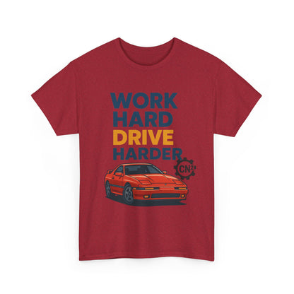 Work Hard Drive Harder T-Shirt | Retro Red Sports Car Graphic