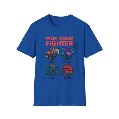 Pick Your Fighter T-Shirt — Engine Swap Car Parts Graphic Tee (2JZ RB26 13B EJ20)