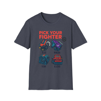 Pick Your Fighter T-Shirt — Engine Swap Car Parts Graphic Tee (2JZ RB26 13B EJ20)