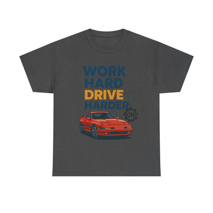 Work Hard Drive Harder T-Shirt | Retro Red Sports Car Graphic