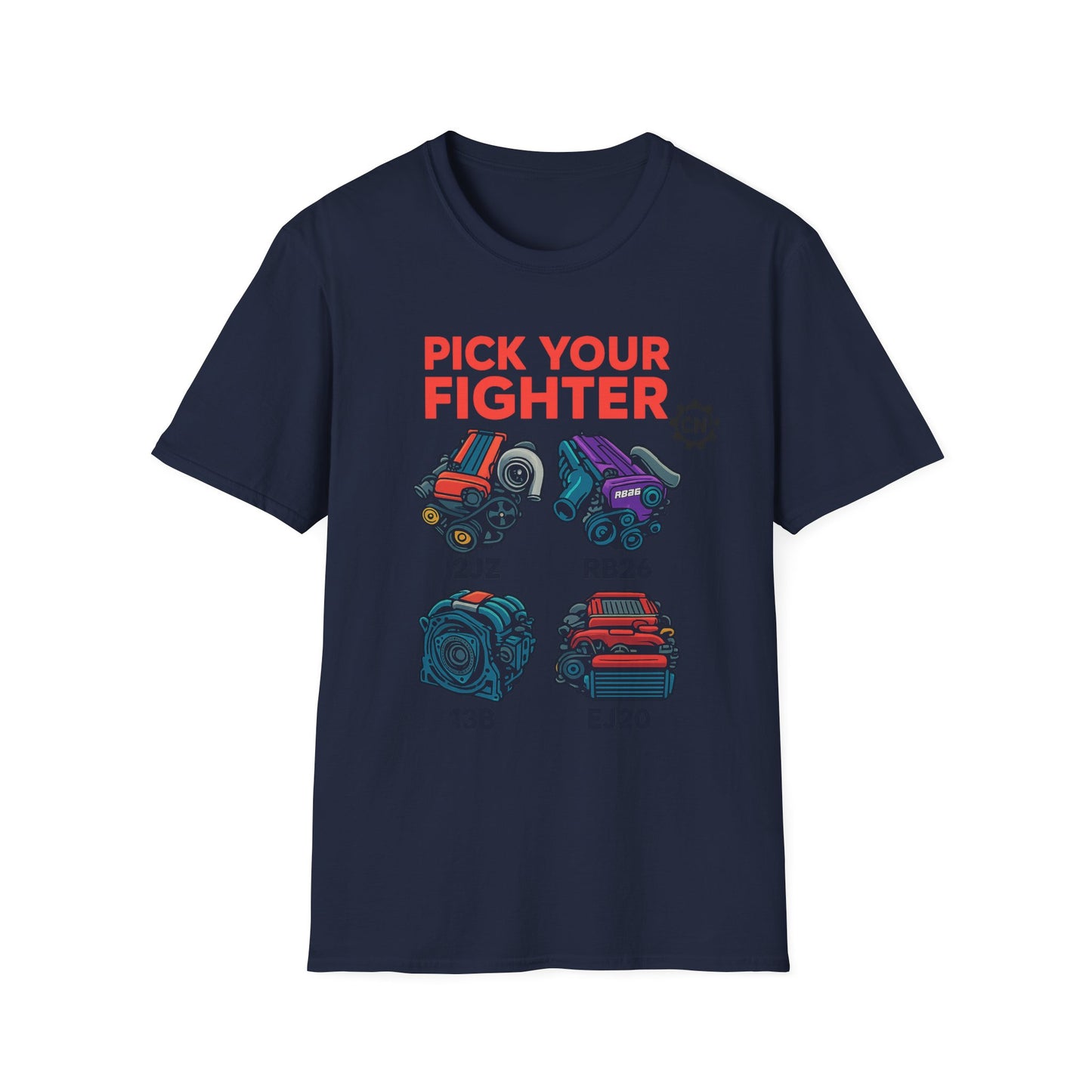 Pick Your Fighter T-Shirt — Engine Swap Car Parts Graphic Tee (2JZ RB26 13B EJ20)