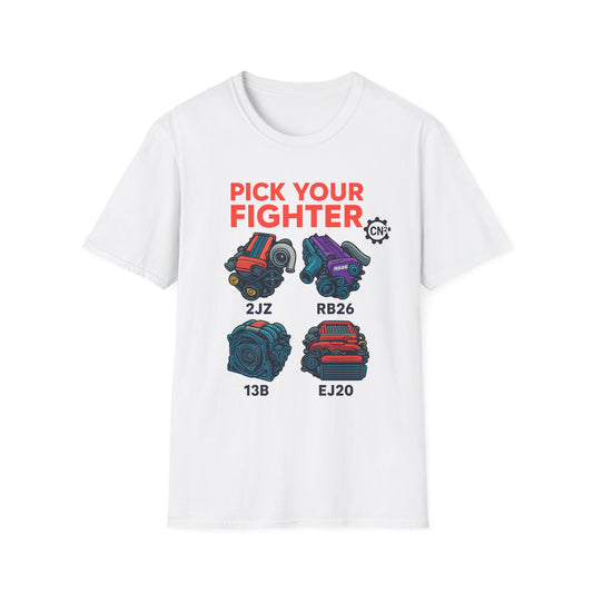 Pick Your Fighter T-Shirt — Engine Swap Car Parts Graphic Tee (2JZ RB26 13B EJ20)