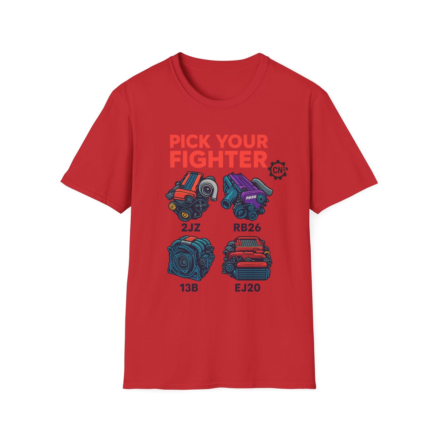 Pick Your Fighter T-Shirt — Engine Swap Car Parts Graphic Tee (2JZ RB26 13B EJ20)