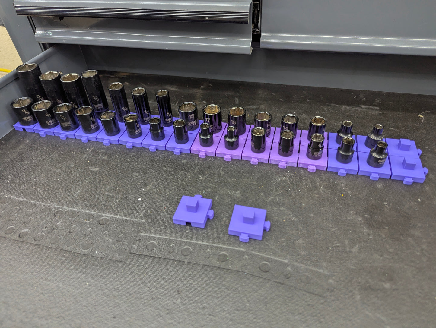 Magnetic Modular Socket Organizer Grid – Customizable 1/4”, 3/8”, 1/2” Tool Drawer Holder